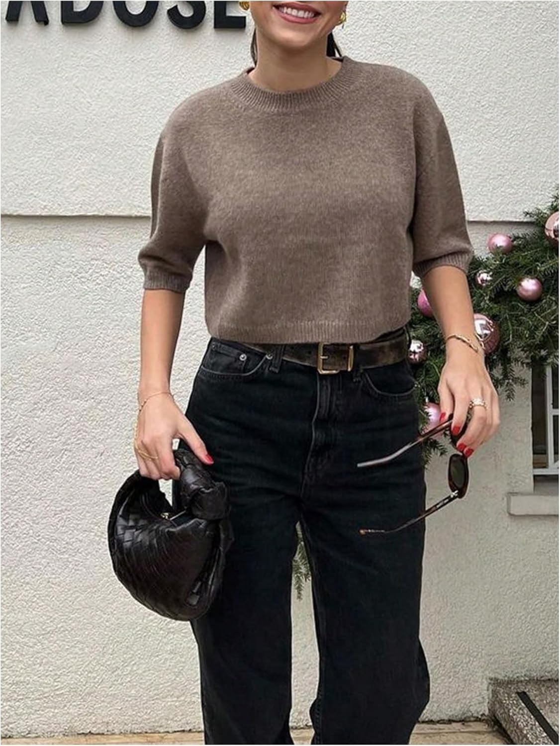 GORGLITTER Women's Short Sleeve Cropped Sweater Trendy Crew Neck Oversized Pullover Tops - Image 2