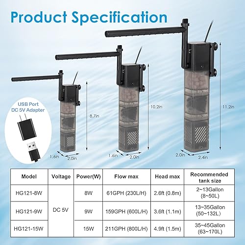Miniatura 6 de hygger Filtro de acuario DC 5V Filtro de tanque de peces silencioso de energía de 5 V con aireación de lluvia Filtración de 3 etapas Filtro interno