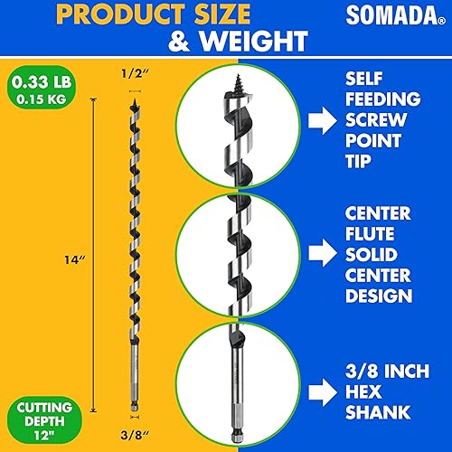 Vista 39 de SOMADA Broca de taladro de 3/4 pulgadas x 17 pulgadas para madera, vástago hexagonal de 3/8 pulgadas, una pieza, broca larga para madera blanda