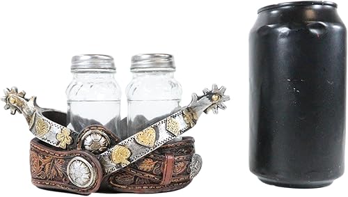 Miniatura 6 de Ebros Gift Juego de coctelera de doble espolón de vaquero occidental rústico con correa de cuero sintético para salero y pimienta, juego de soporte