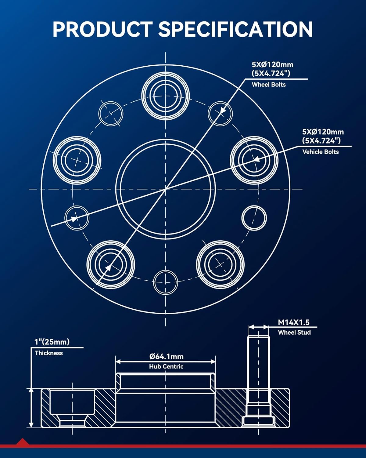 KAX 5x120 Wheel Spacers for Pilot, 1 inch Hub Centric 5 Lug Wheel Spacers for Pilot, Odyssey, MDX, Ridgeline, Passport, TL, TLX, RL, RLX, Civic,with M14x1.5 Studs and 64.1mm Hub Bore,4 Pcs