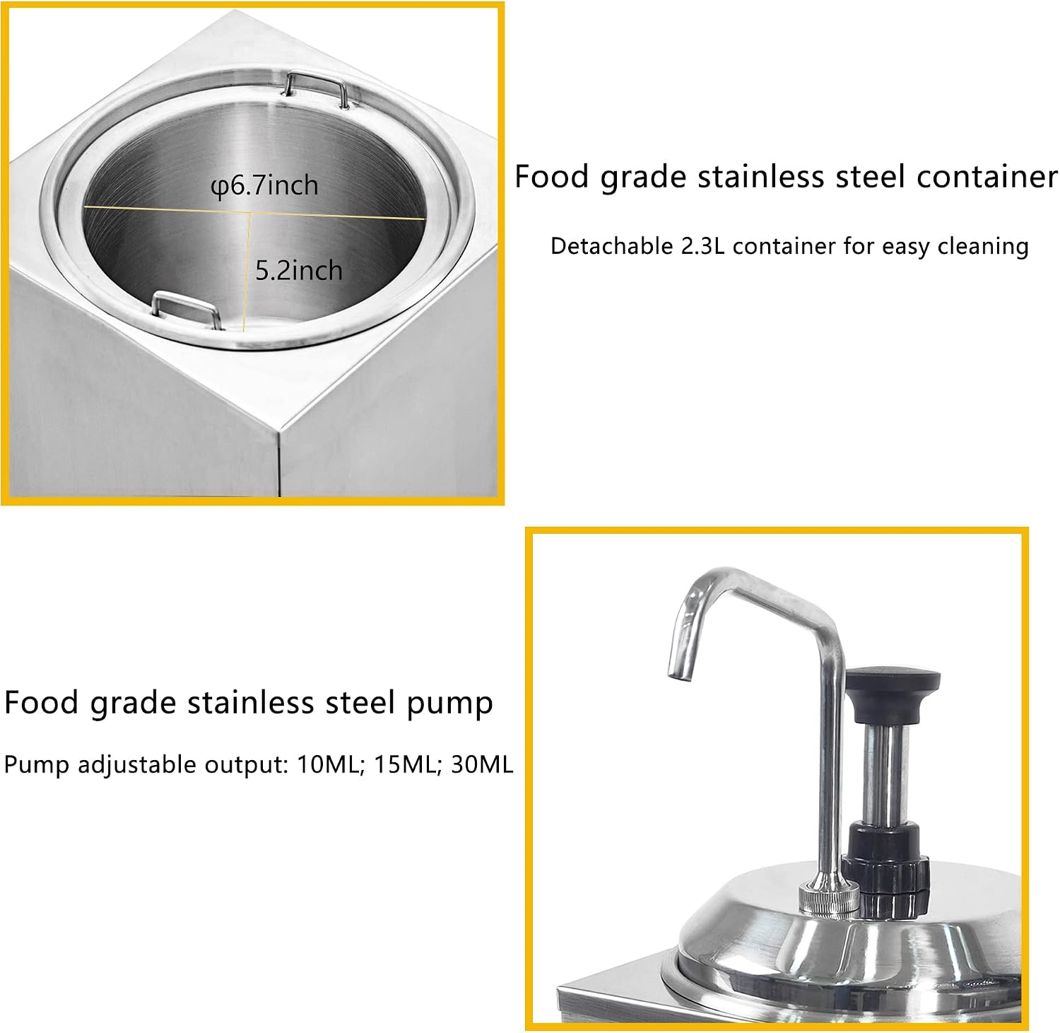 SAXTZDS 650W Electric Hot Fudge Warmer,Cheese Dispenser with Pump,2.3L Cheese Sauce Warmer Pump Dispenser,Stainless Steel Cheese Pump Dispenser for Fudge Cheese Caramel,30-110℃