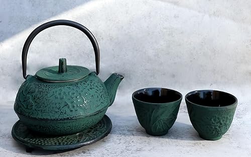 Miniatura 9 de Ebros Gift Juego de ollas de té de hierro fundido pesado tradicional japonés con salvamanteles y tazas sirve 2 decoración para el hogar, regalo de
