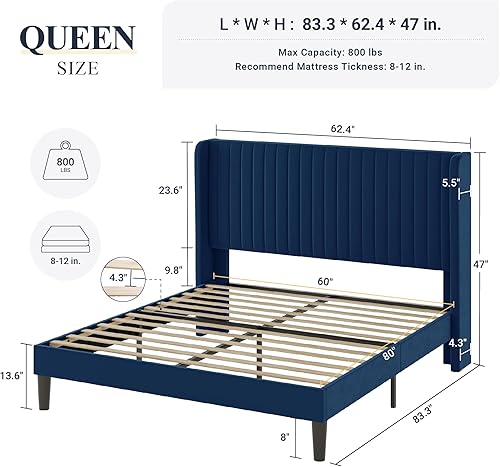 Miniatura 48 de Allewie Marco de cama de terciopelo de tamaño matrimonial, cabecera capitoné vertical con respaldo de ala, plataforma tapizada, listones de madera