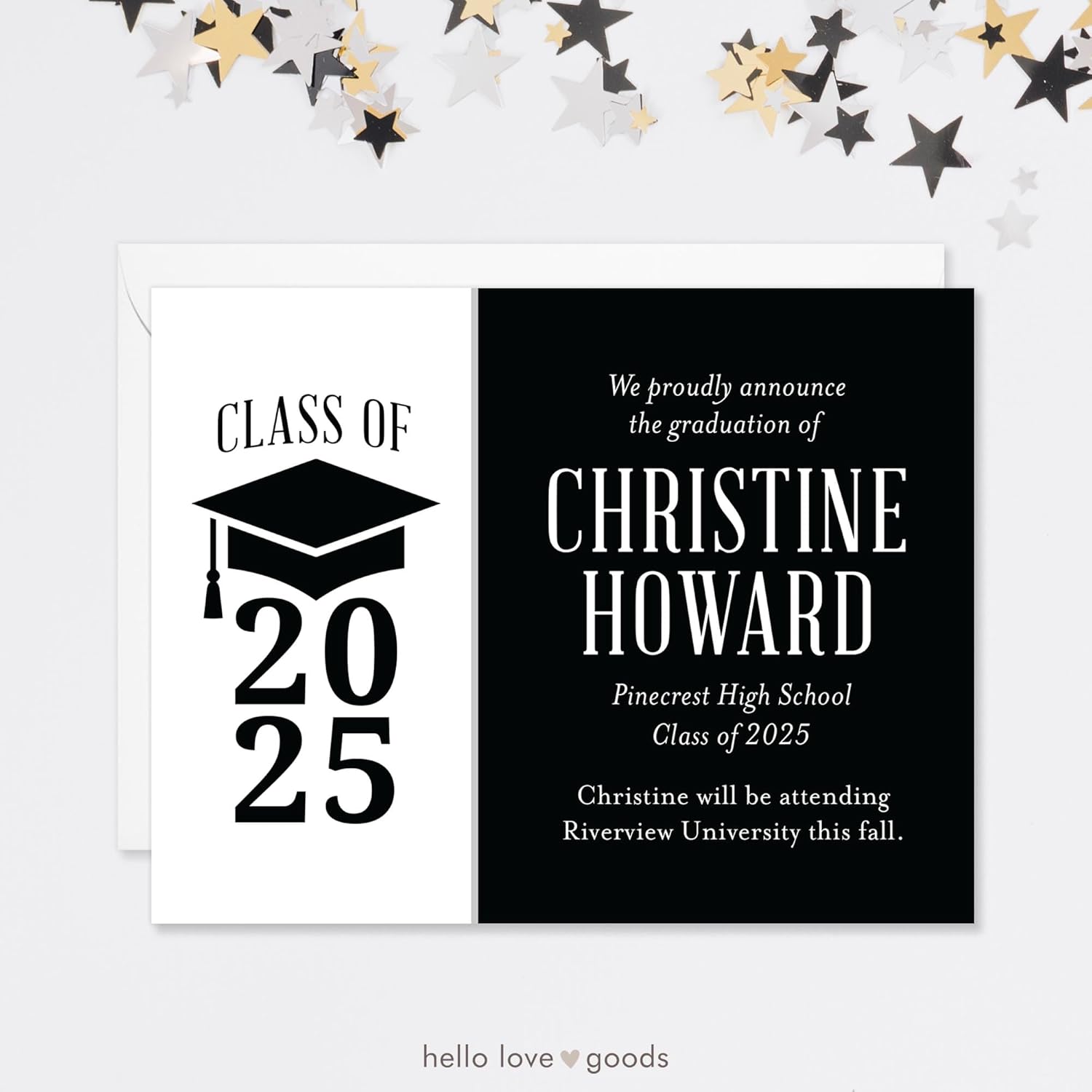 Graduation Announcements 2025 Personalized with the Graduate's Name and School, 5.5x4.25 Modern High School or College Grad Announcements with Premium Envelopes (Black)