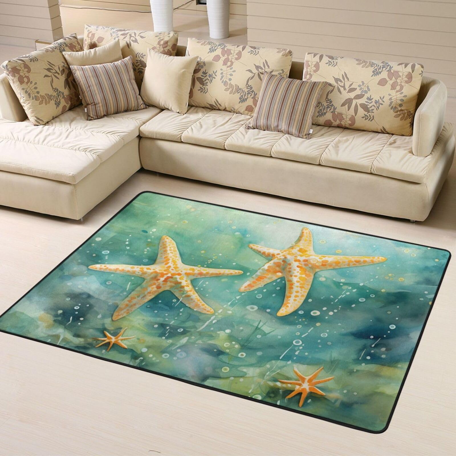 Tapis salon vert anti-poussière motif étoile de mer facile à laver