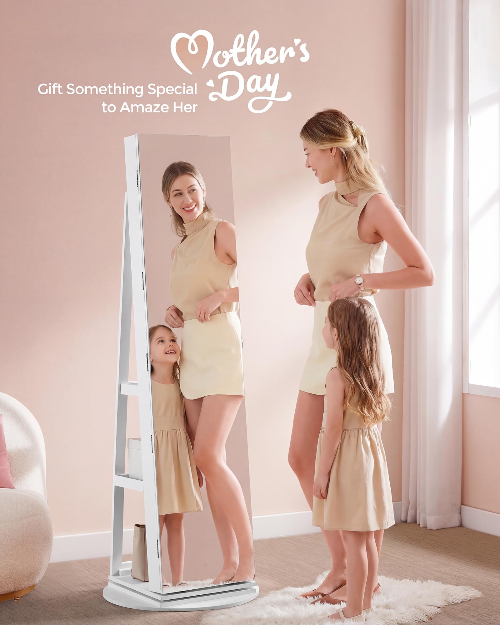 SONGMICS 6 LEDs Mirror Jewellery Cabinet, 360° Swivel Jewellery Storage Organiser, Lockable, Free-Standing Frameless Full-Length Mirror with Storage, White Surface, Greige Lining JJC007W02 — view 2