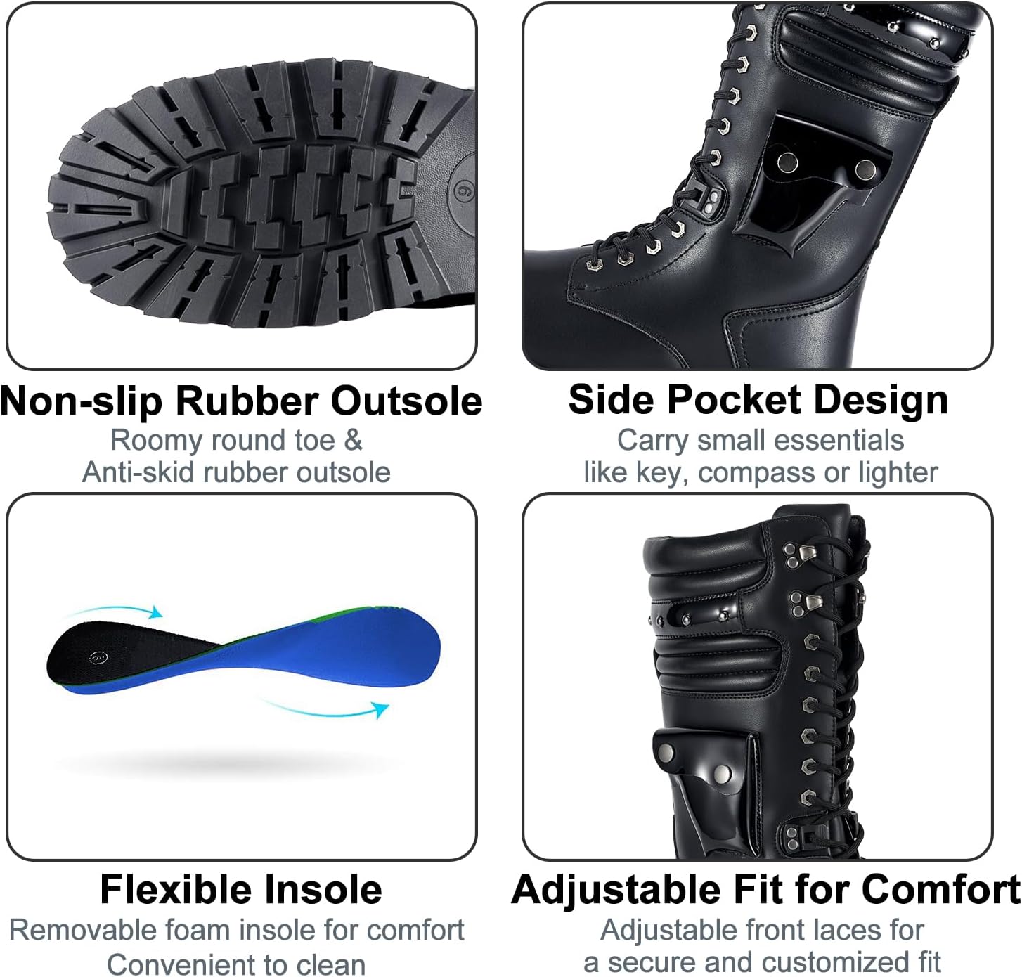 Dream Apparel Mens Motorcycle Riding Boots for Biker with Side Pocket, Black PU Leather Lace up Combat Boots, Waterproof Gothic Punk Mid Calf Footwear - Image 4