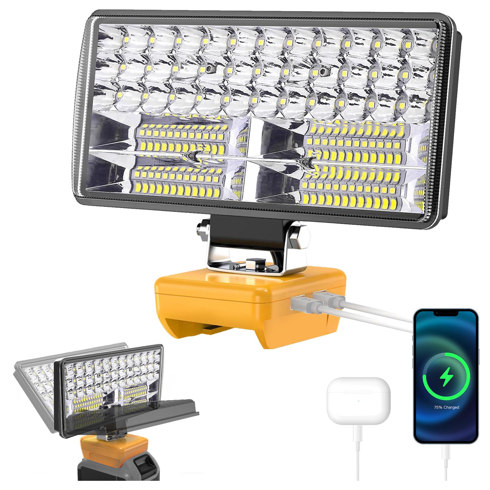 6000LM 38W LED Work Light Compatible with DeWalt 18V 60V Max Flex Battery, 2 Modes Portable Battery Work Lights Cordless Flood Light with 2X2.1A USB Charging Ports & Low Voltage Protection