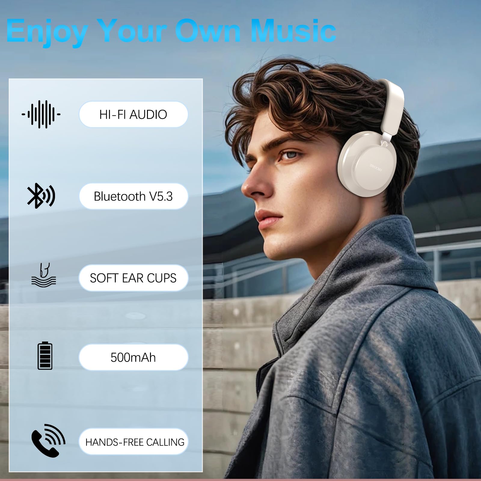 Noise Cancelling Headphones Wireless Bluetooth, Over Ear Headphones Bluetooth with Microphone, Cancelling Wireless Headphone Over Ear, 65h Playtime, Clear Calls, Comfort Fit For Travel (Beige) — view 7