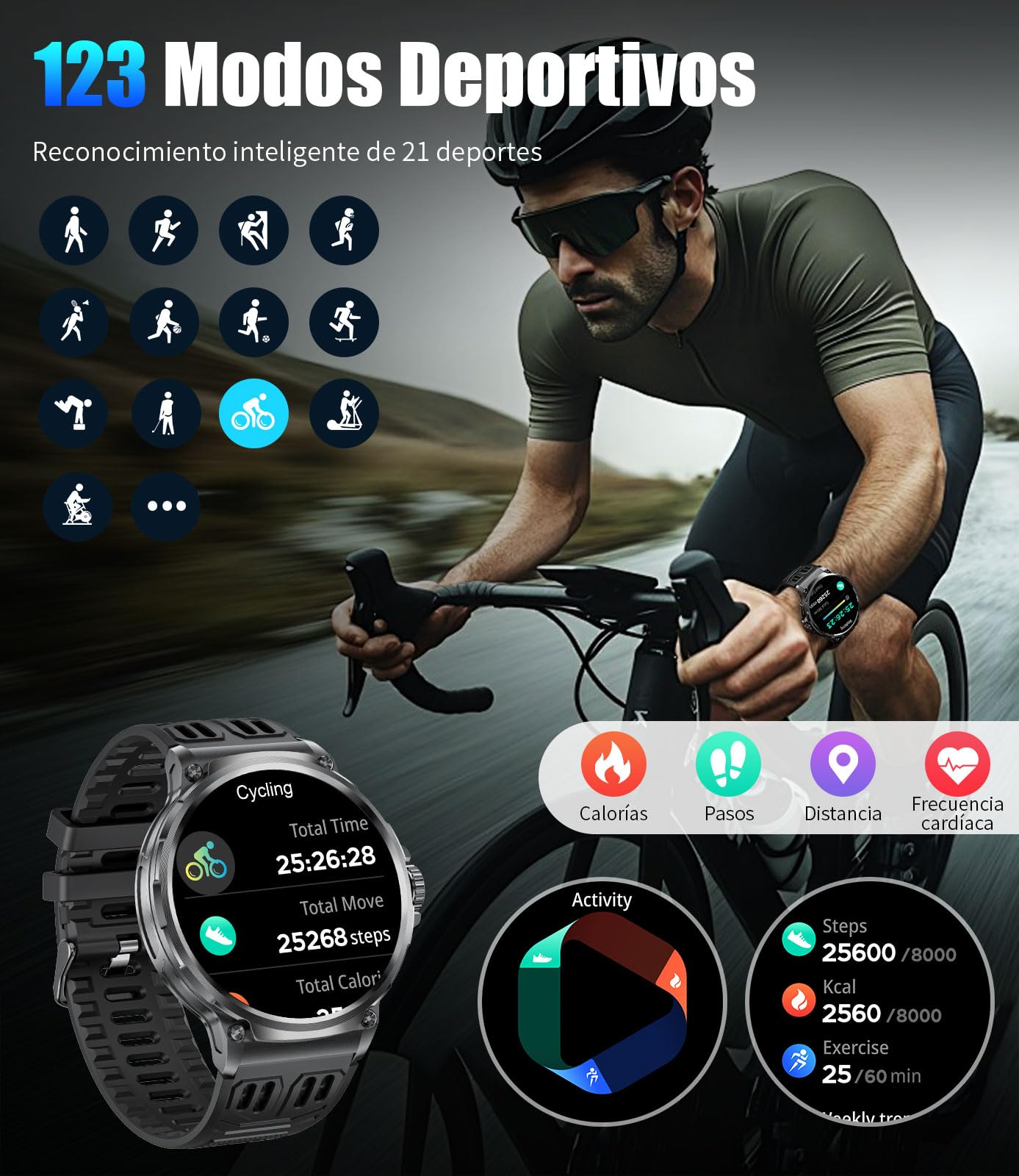 Reloj Inteligente Hombre con Batería Grande de 800mAh, 1.85'' Grande Smartwatch con Llamadas Bluetooth, Monitoreo de la Salud, Monitoreo de Fitness, 100+ Modos Deporte, IP68 Impermeable, Android iOS