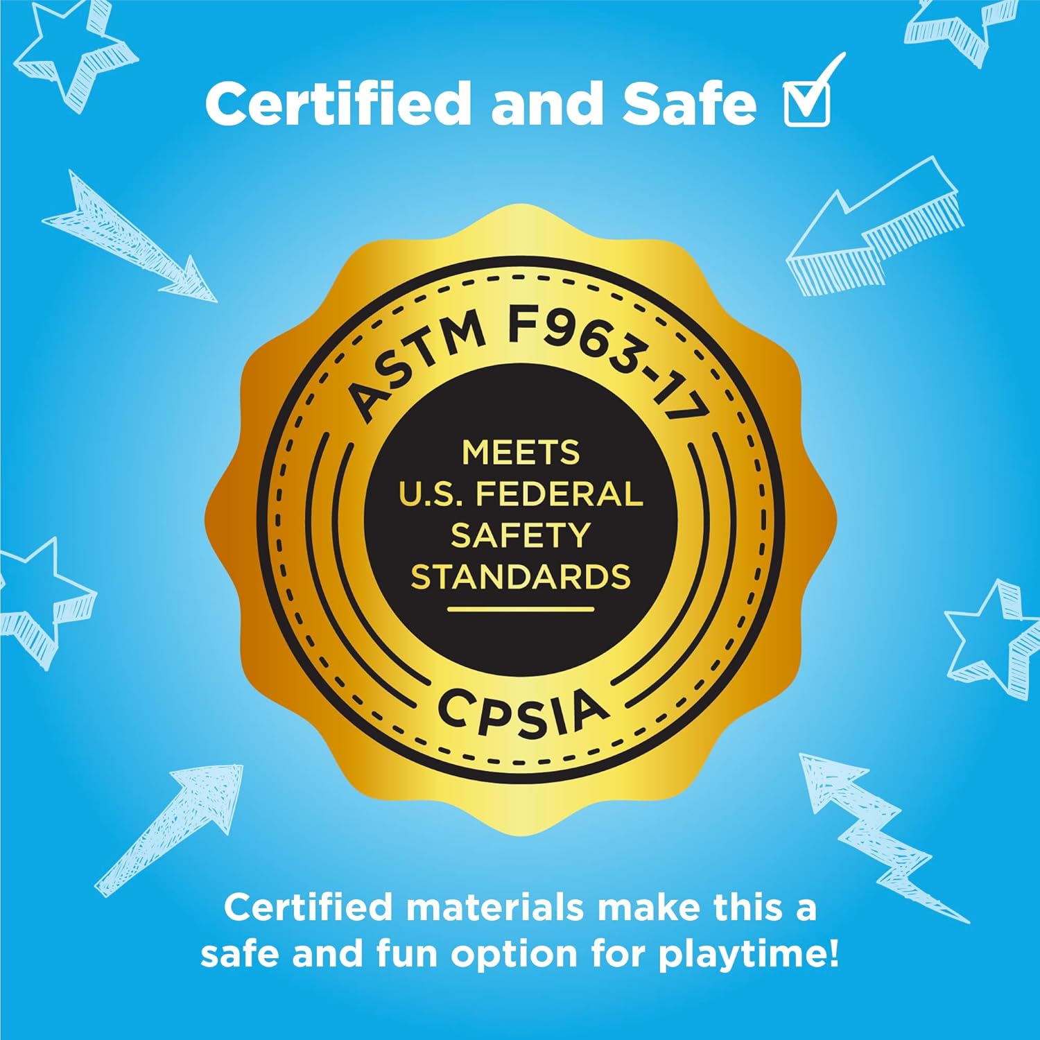 Gold seal indicating ASTM F963-17 and CPSIA certifications