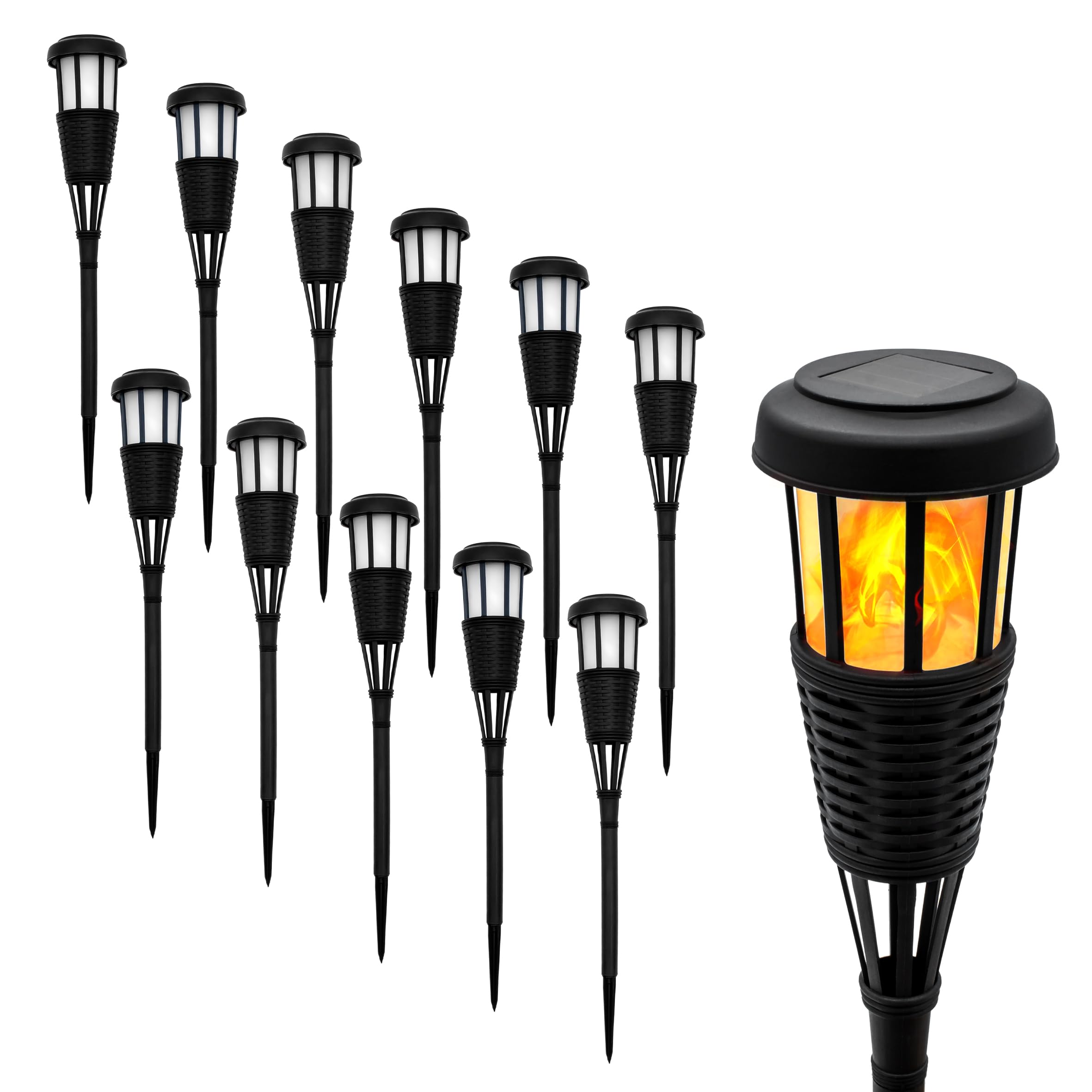 Spetebo LED Solar Gartenfackel in Rattan Optik - 12er Set - Solarleuchte 48 x 10 cm mit Flackereffekt - Garten Deko Beleuchtung Gartenstecker Beetstecker Gewegleuchte mit Flammen Effekt