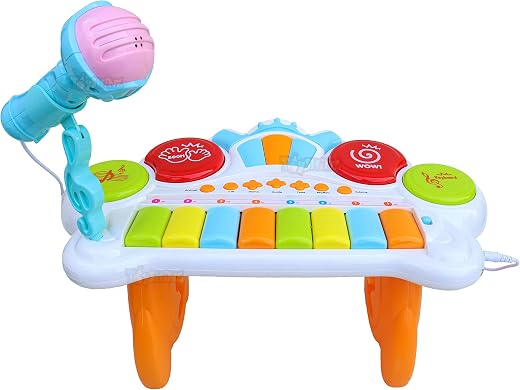 Toyshine 2 in 1 Kids Drum Set and Piano Toy with AUX Capability | Toddler Musical Instruments Playset Flash Light Toy with Adjustable Microphone, Toys for Boys and Girls