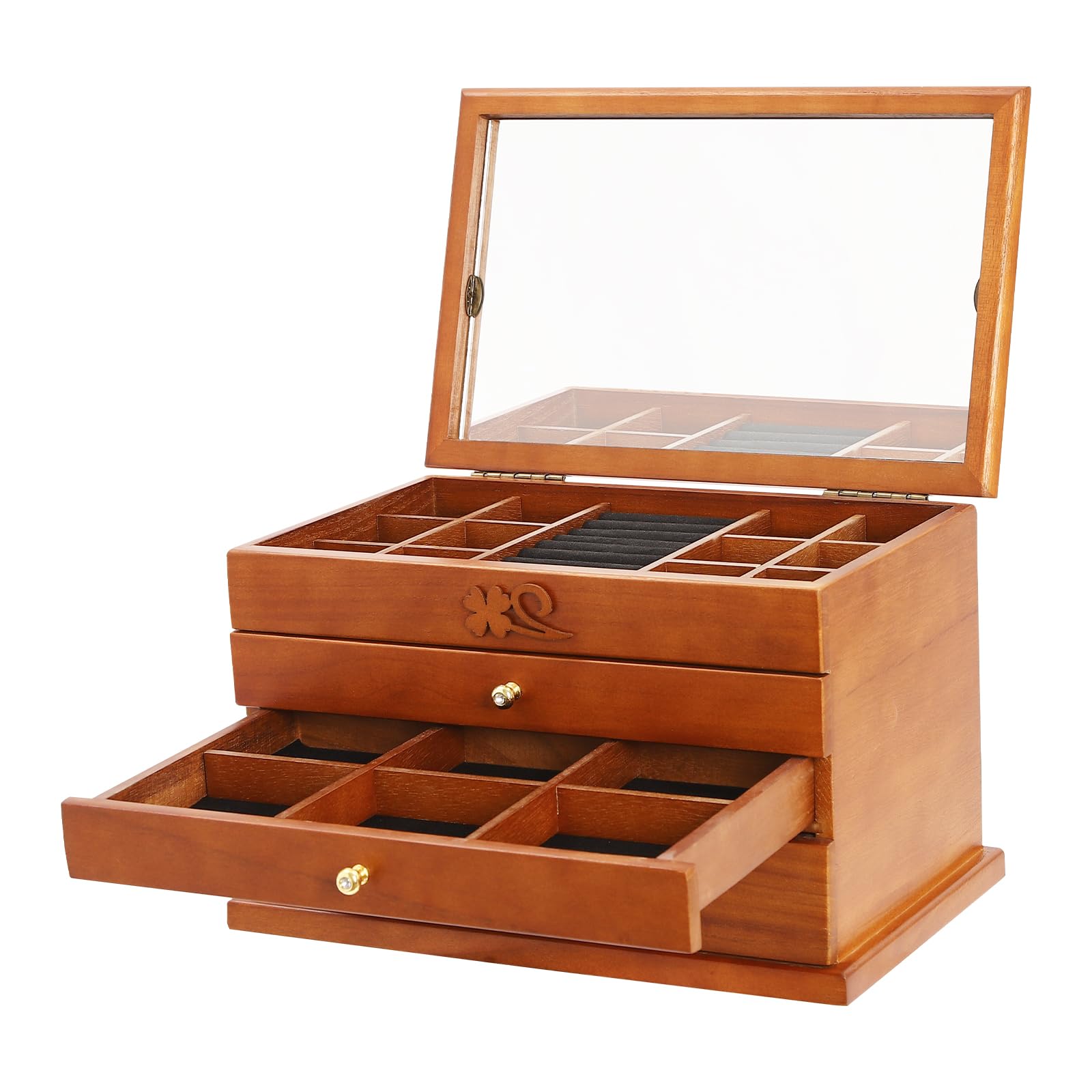 Schmuckkasten Holz Groß Schmuckkästchen 4 Etagen Schmuckschatulle mit Spiegel Vintage Braun Schmuckbox Geschenk für Mutter Freundin Damen