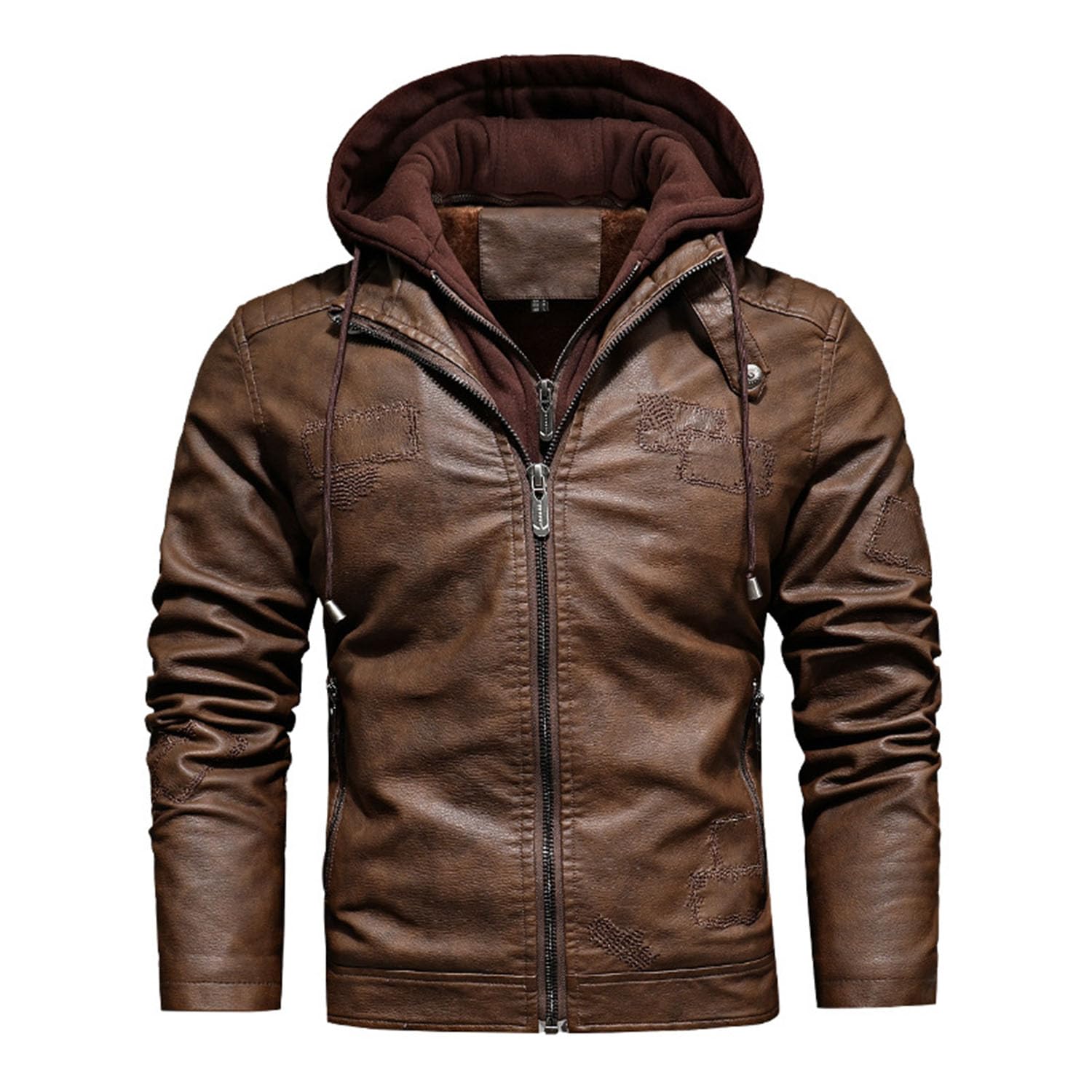 Herren Abnehmbare Kapuze Lederjacke Slim Vintage Motorrad Biker Jacke Casual Coat Outwear