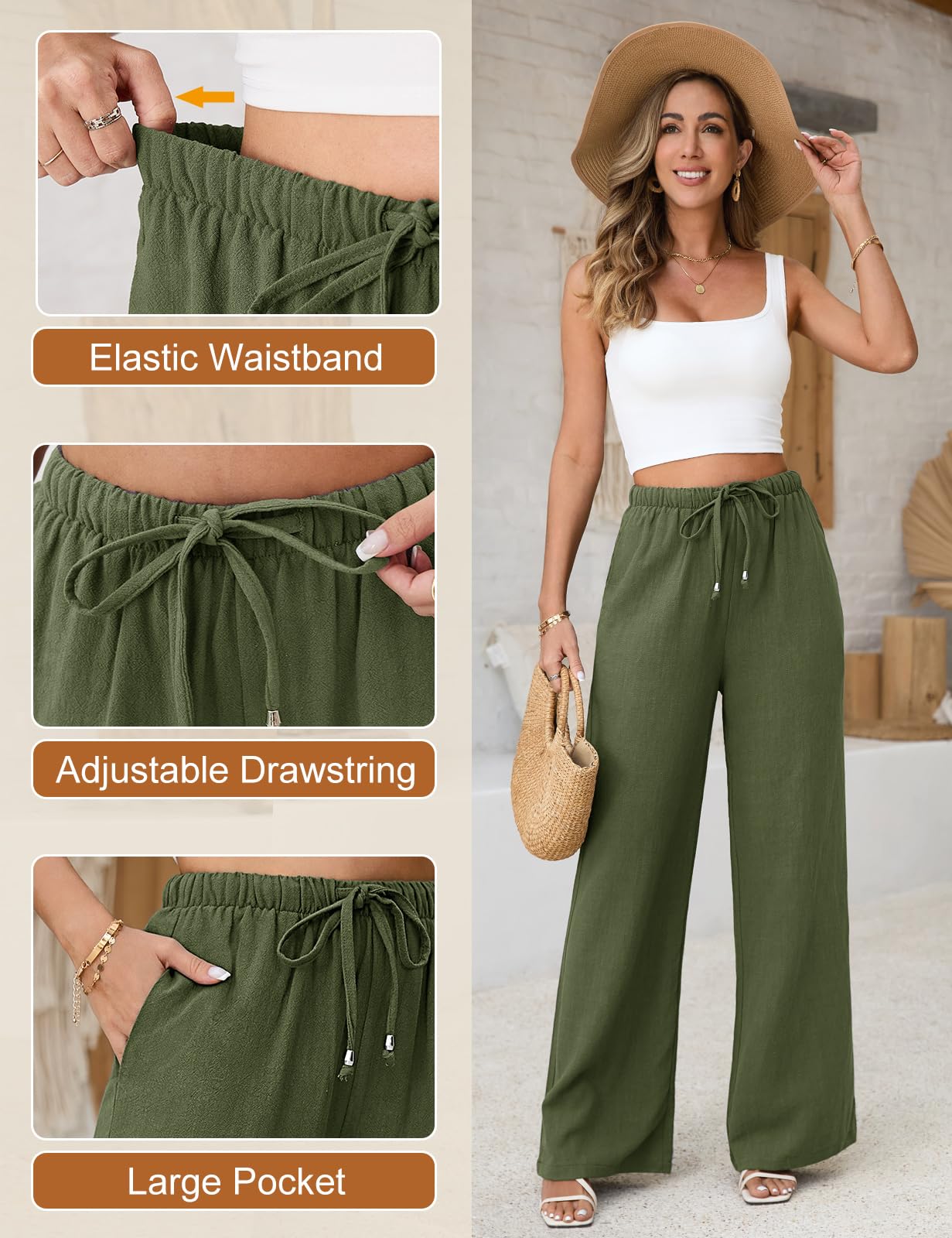 Voqeen Pantaloni Estivi da Donna in Lino Pantaloni Casual in Cotone e Tessuto di Lino Pantaloni Casual Monocromatici Pantaloni da Spiaggia a Vita Alta e Gamba Larga con Tasche