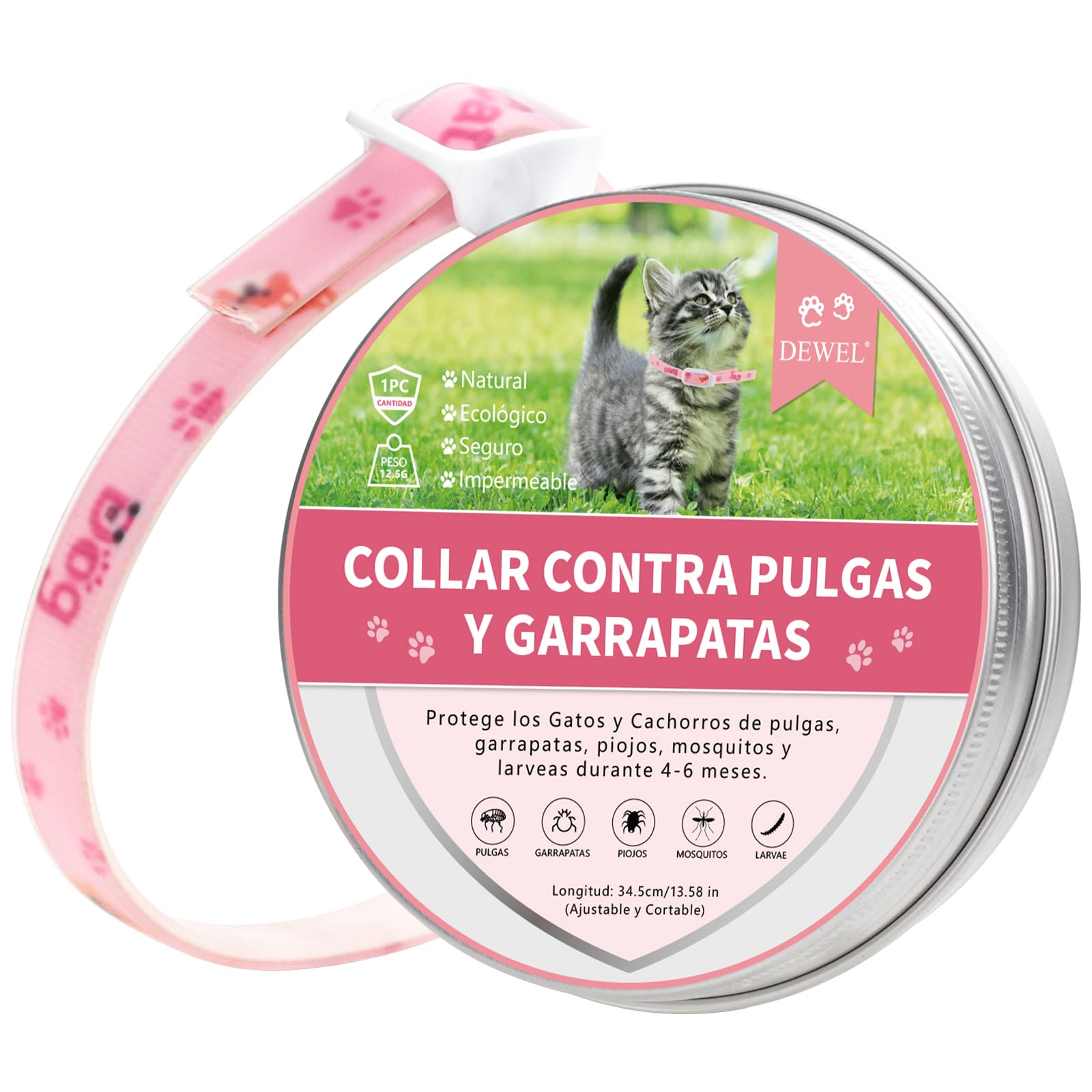 DEWEL Collar Antiparasitario Gatos, Collar contra Pulgas Garrapatas Mosquitos y Piojos, Control Antipulgas para Perros Pequeños y Gatos por 4-6 Meses, Tamaño Ajustable y Cortable 34.5 cm Rosa