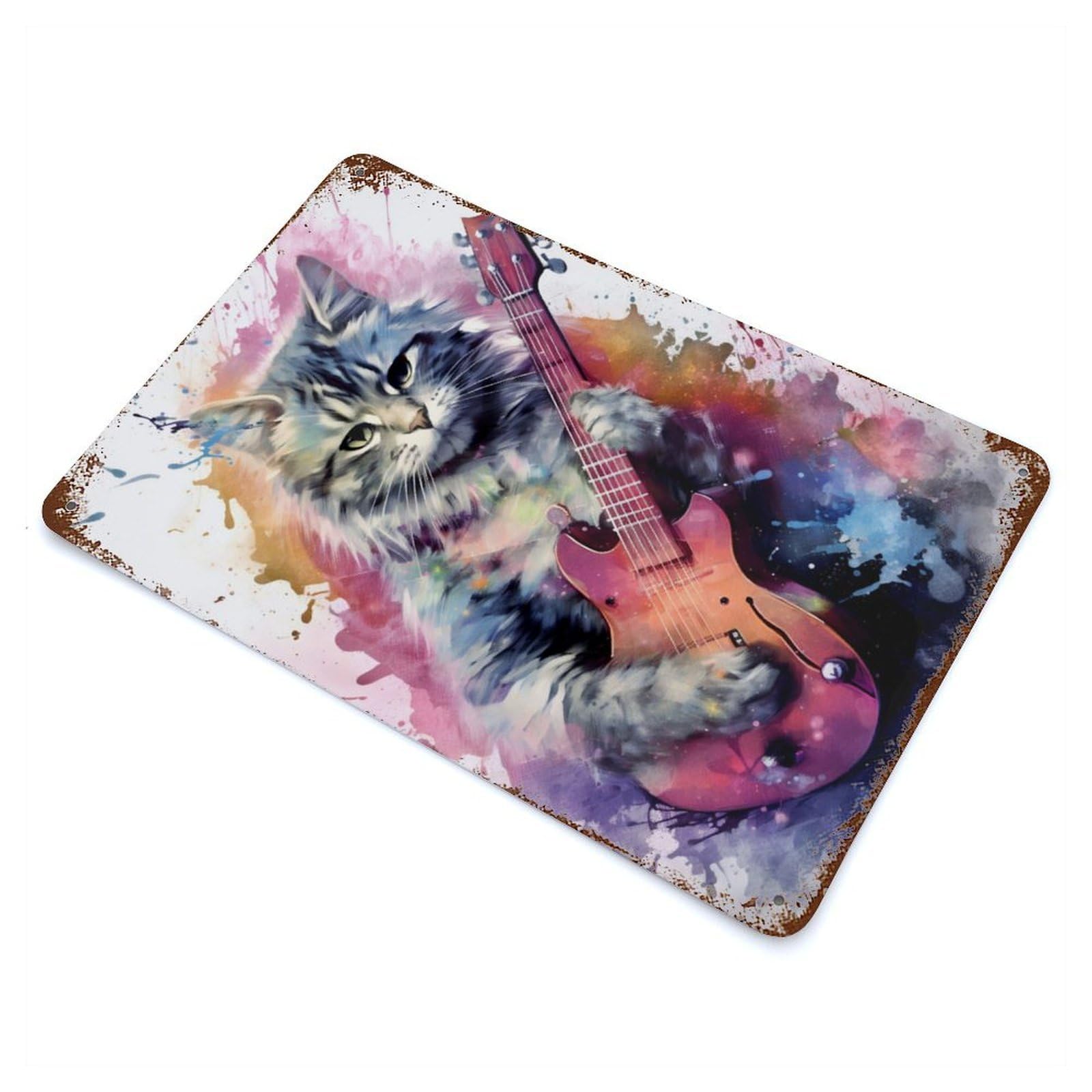 Cute Cat Guitars Play Vintage Rust Metal Sign 11.8"x7.9", Classic Wall Plaque for Basement, Hobby Room And Garage Decor