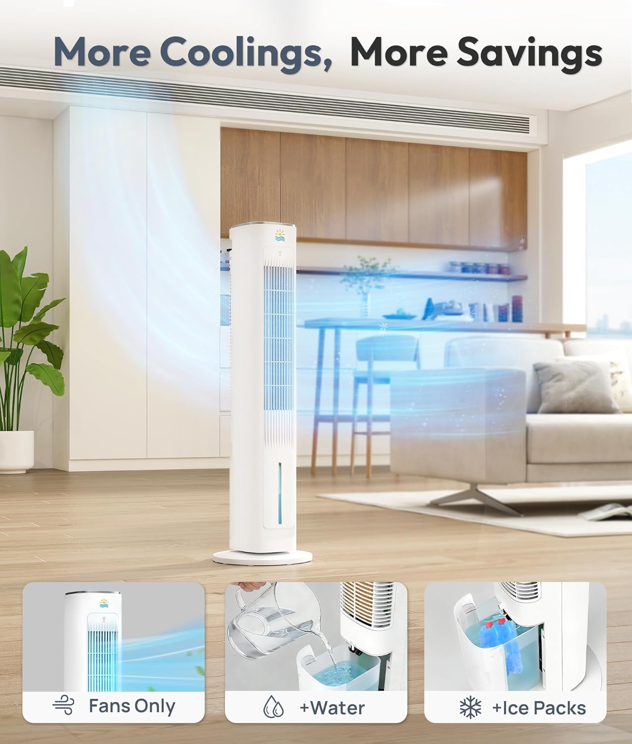 Portable Evaporative Air Cooler, 3-in-1 Cooling Fans that Blow Cold Air With 3L Water Tank, 38’’ Tower Fan for Bedroom, Office with 3 Speeds, 12H Timer, Oscillation, Remote Control, 2 Ice Packs
