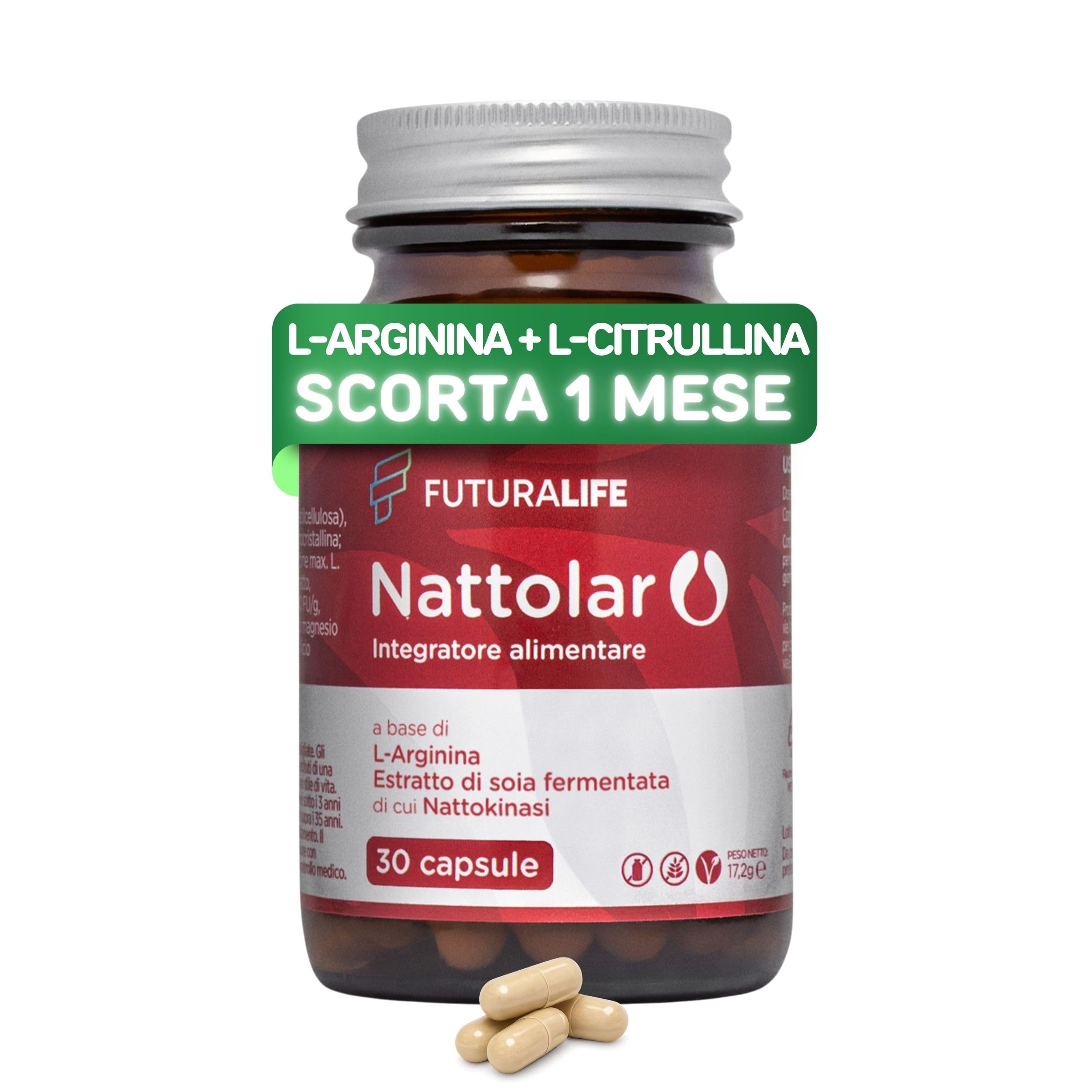 NATTOLAR Arginina e L-Citrullina = Recupero Muscolare + Vitalità di Coppia | Post Allenamento, Resistenza - Nattokinase | Supporto Circolazione, Arterie Sane e Pulite | Integratore per Sportivi. 30cps