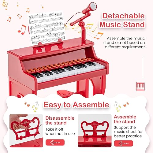 Miniatura 4 de Costzon Piano para niños, teclado de piano de juguete de 37 teclas con micrófono, taburete y soporte de música, piano electrónico portátil, juguete