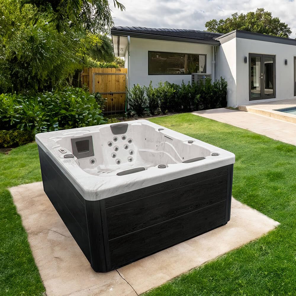 Home Deluxe - Outdoor Whirlpool - White Marble Pure - Maße: 210 x 160 x 85 cm - Inkl. Heizung, 27 Massagedüsen und 9 Lichtquellen | Jacuzzi Außen Whirlpool Spa für 3 Personen