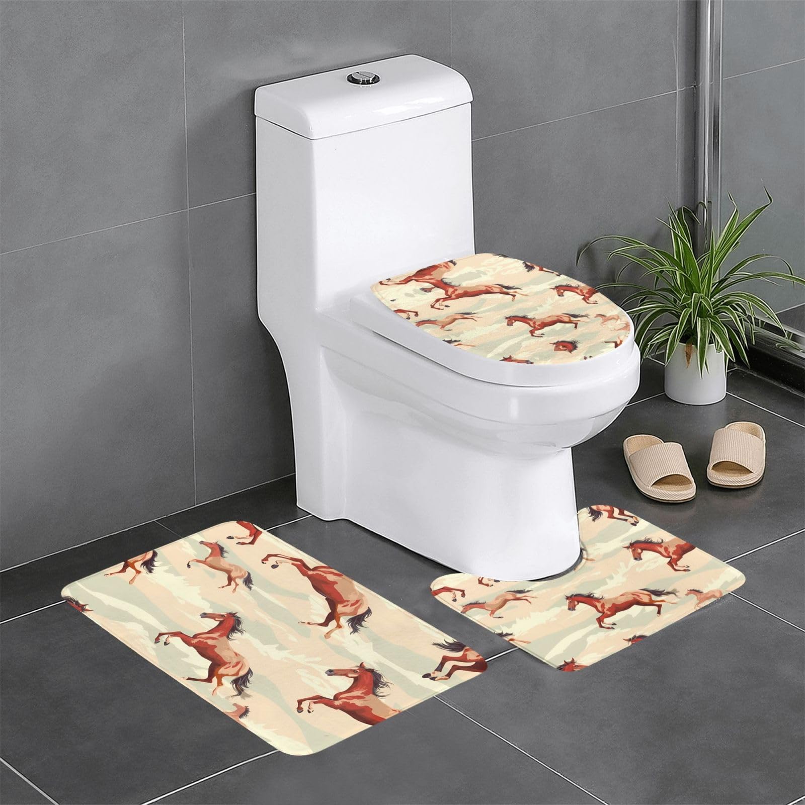 Tapis de salle de bain lot de 3 wc coiffeuse antidérapant motif cheval