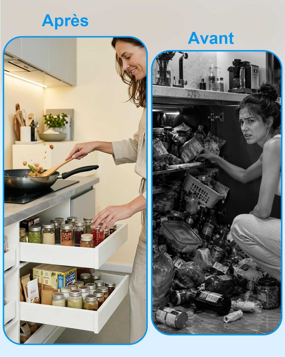 Lot de 2 Tiroirs Coulissants Cuisine,4 Directions Tiroir Coulissant Placard | Largeur 30–49 cm, Profondeur 42–55 cm, Charge 40 kg, Montage Sans Perçage ou Vissé, pour Placard de Cuisine, Blanc