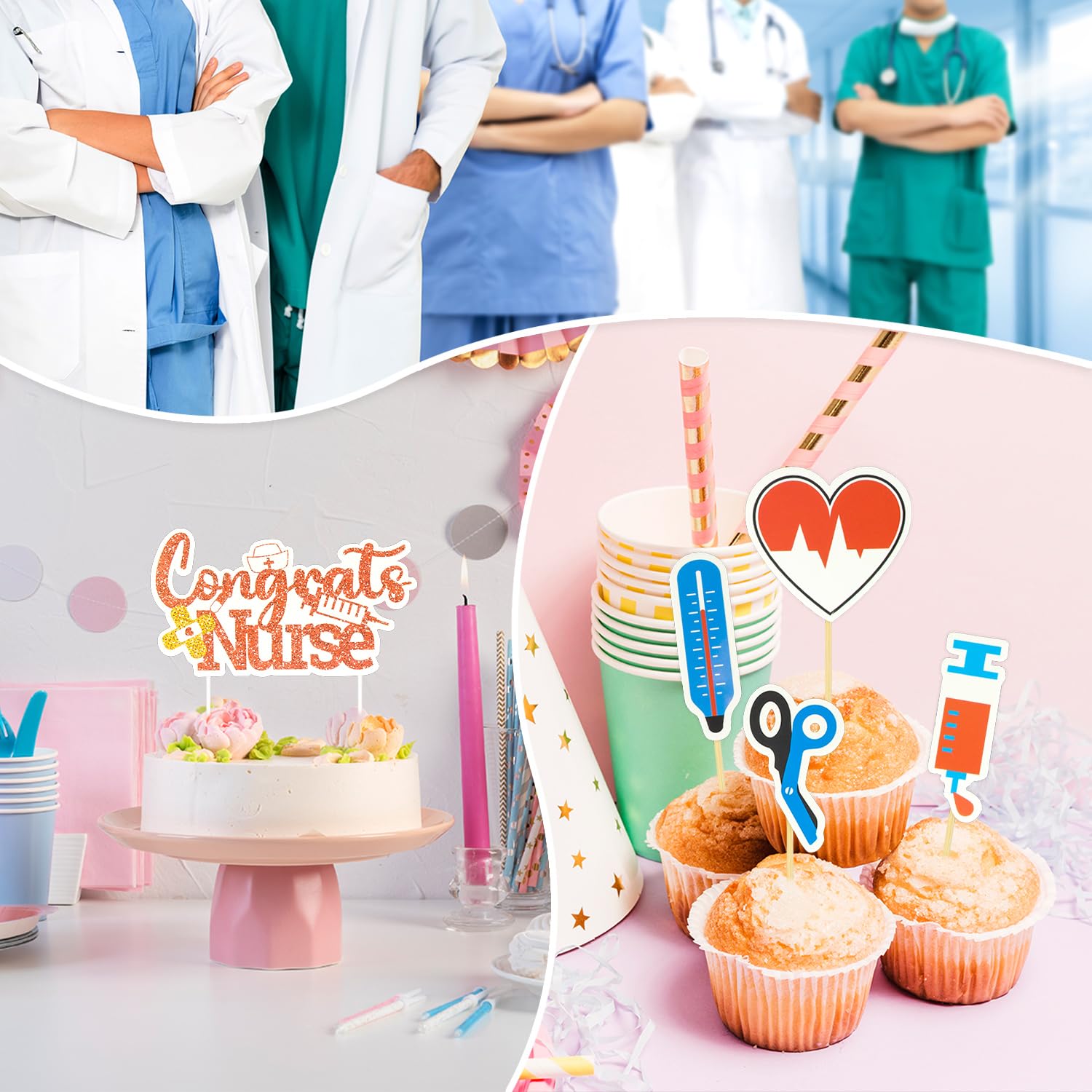 24 Cupcake-Topper Für Krankenschwestern – Glitzernde Deko Für Abschluss & Geburtstag, Rosa, Fertig Montiert