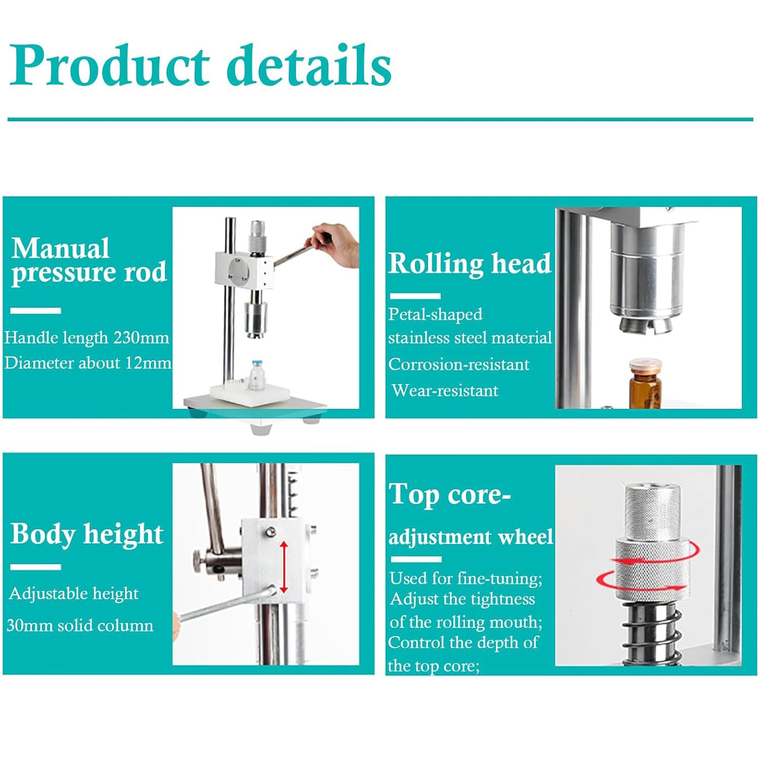 Máquina taponadora para viales, máquina prensadora manual, altura ajustable, 10-30 botellas por minuto, ideal para alimentos, embalaje y aplicaciones químicas