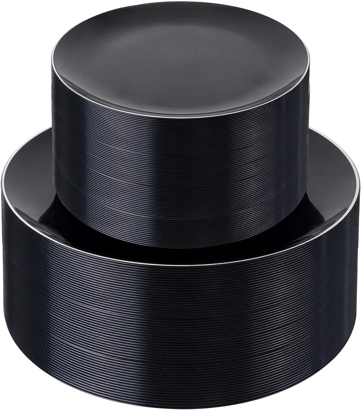bUCLA 100PCS Black Plastic Plates - Heavy Duty Black Disposable with Silver Rim Include 50 Each (10 inch Dinner & 7 inch Dessert) Plates, Ideal for Party & Graduation
