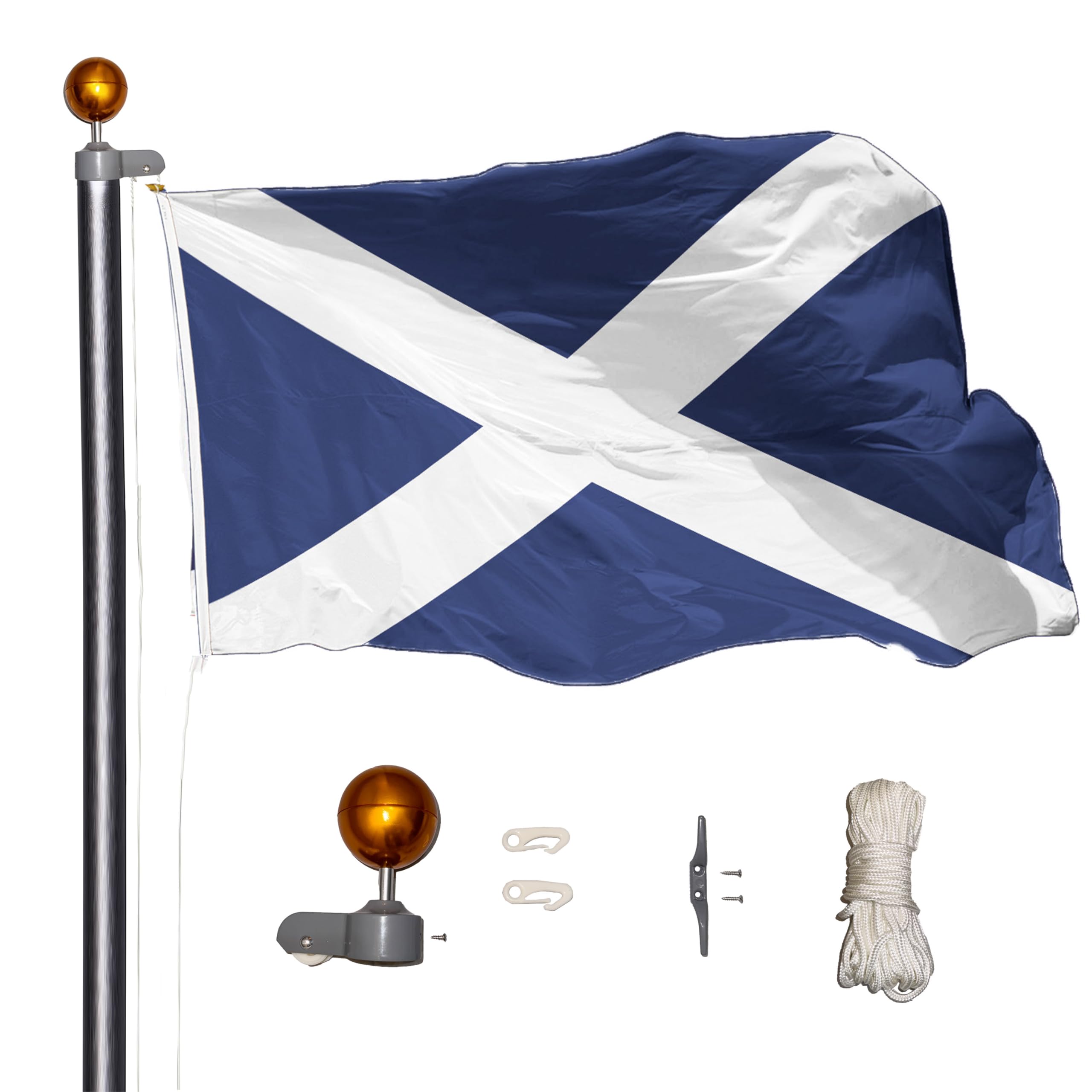 Flagtex 6m (20ft) Flag Pole – Includes Scotland and Union Jack Flag – Sturdy Aluminium, 6 Poles, Pulley & Rope System, Easy Assembly — image 1