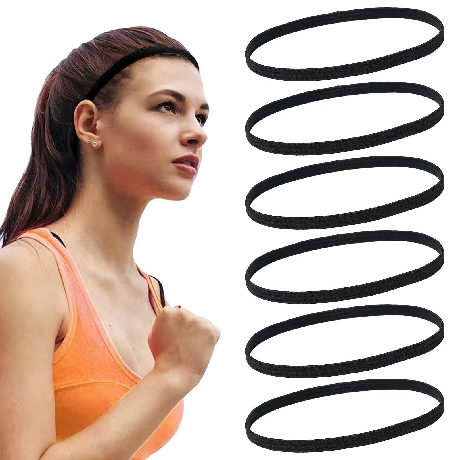 Bandas para el Pelo Deportivas, 6 Unidades, Elásticas, para Hombre y Mujer, para Deporte, para Niños, Antideslizantes, para la Frente, para el Sudor, Negro, 40 cm