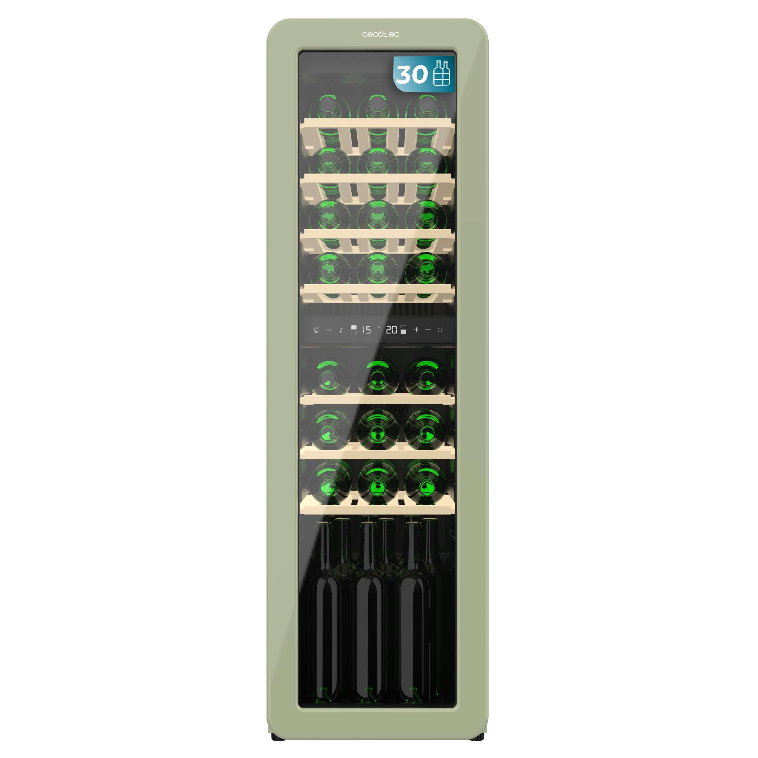 Cecotec Weinkühlschrank 30 Flaschen Retro Bolero Grandsommelier Origin Duo 30 Hit Green. Grün mit 2 Temperaturzonen (5-12ºC, 12-20ºC), LED-Steuerung, NoFrost, Holzregale, Innenbeleuchtung