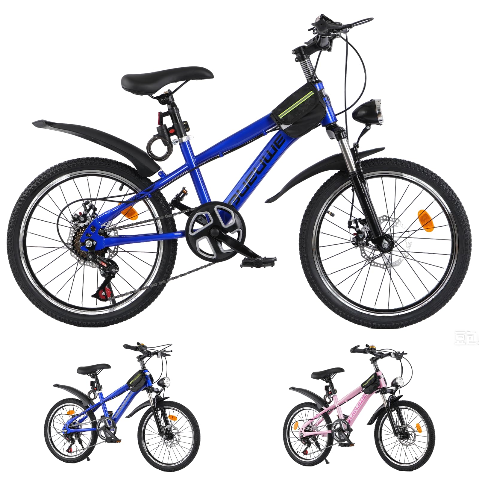 OOFAYJIA 20 24-Inch Kids Mountain Bike for Boys and Girls Aged 7-14, Featuring 7-Speed Gearing, Suspension Fork, Dual Disc Brakes, Led Headlight, Multiple Colors (Blue, 24 Inch)