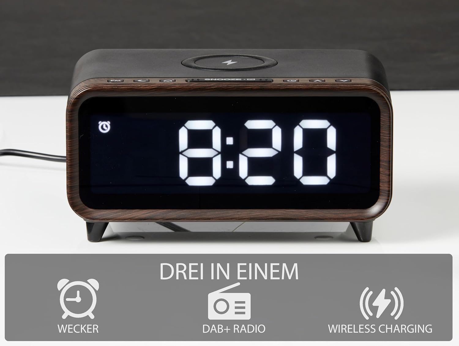 Graphic illustrating three key features: Alarm Clock, DAB+ Radio, and Wireless Charging.
