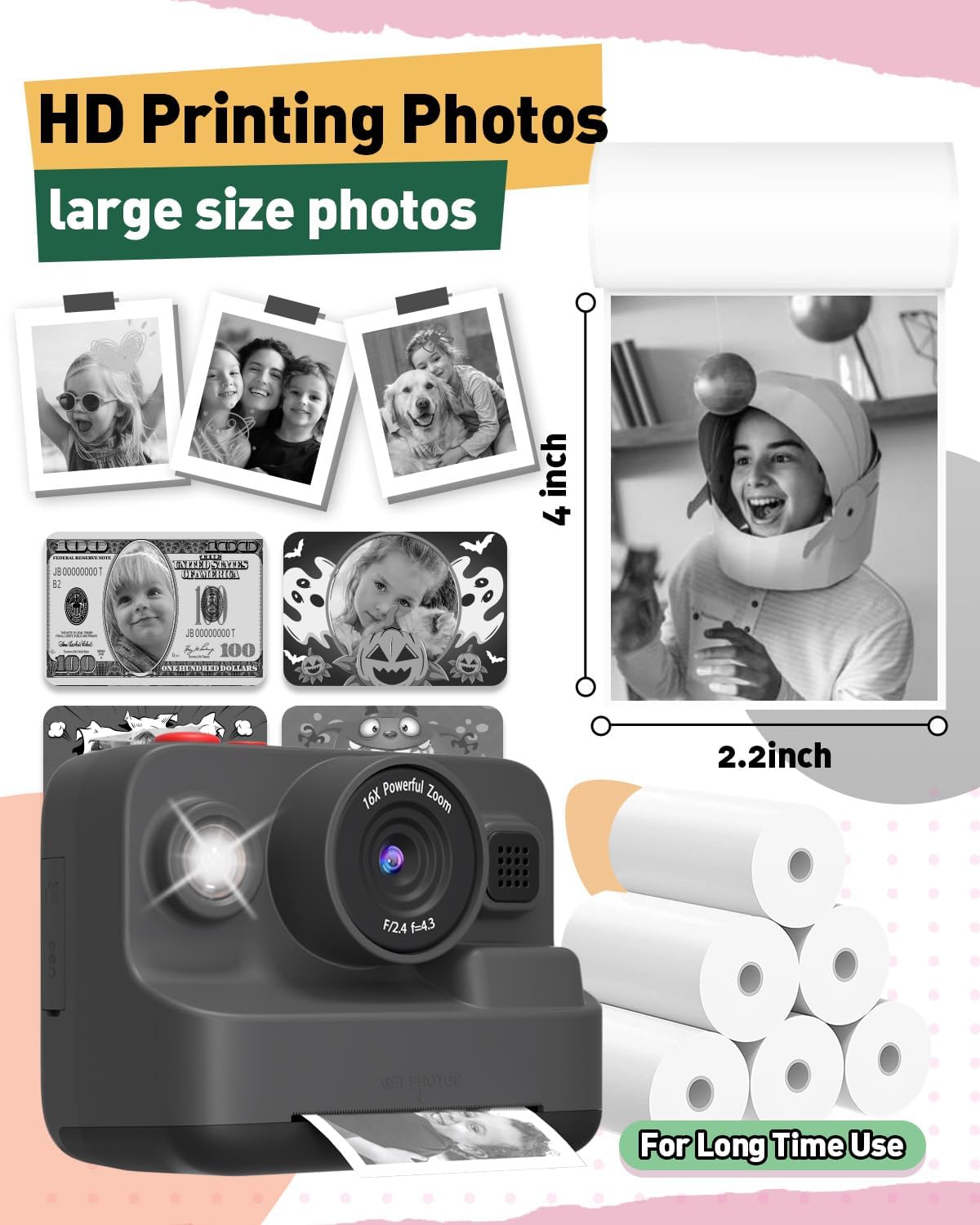 10 Rolls Kids Instant Camera Print Paper, Photo Printer Thermal Paper Rolls, BPA Free, Refill Replace Camera Instant Printer Paper for Most Kids Instant Camera - Image 3