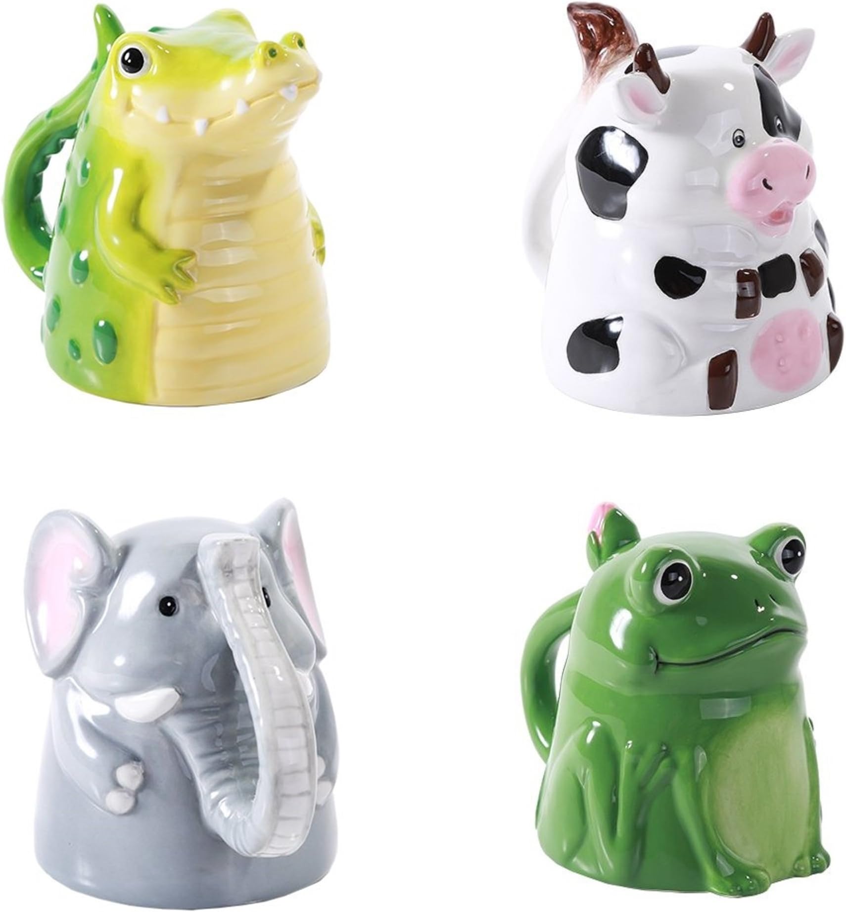 Topsy Turvy Upside Down Ceramic Porcelain Animal Coffee Mug Set, Cow Elephant Frog and Alligator