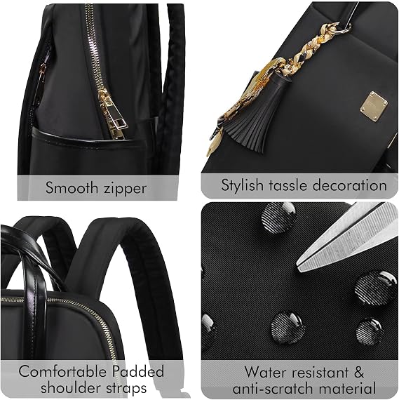 Laptop Backpack for Women Slim Travel - Laptop Bag Computer Case Fit up to 15.6-inch Notebook Lightweight Medium Size Purse for Work Bookbag Water-resistant Business Fashion Stylish Nylon Black