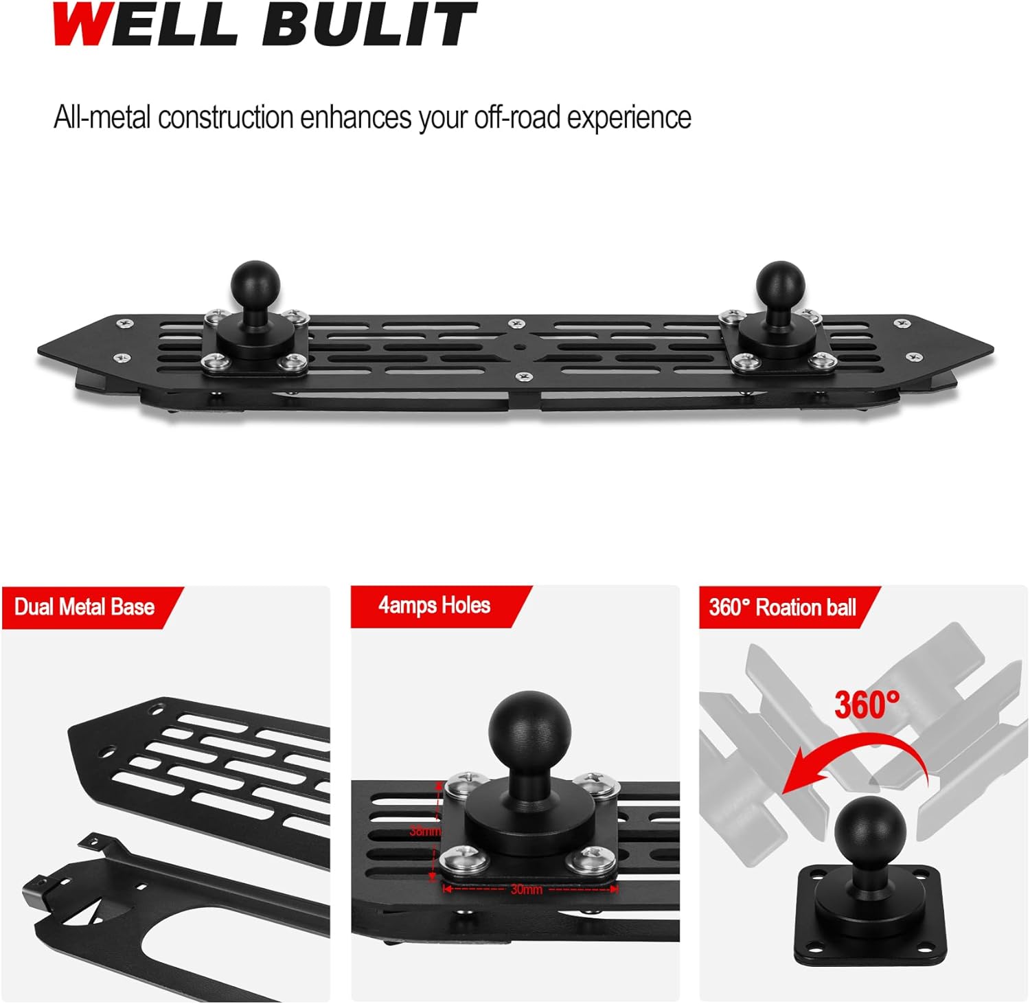 Dash Platform Mount with 3 PCS 4-Holes AMPS Pattern-Mounted Base for Jeep Wrangler JL 2018-2023 (NOT 4xe) & 2020+ JT Gladiator