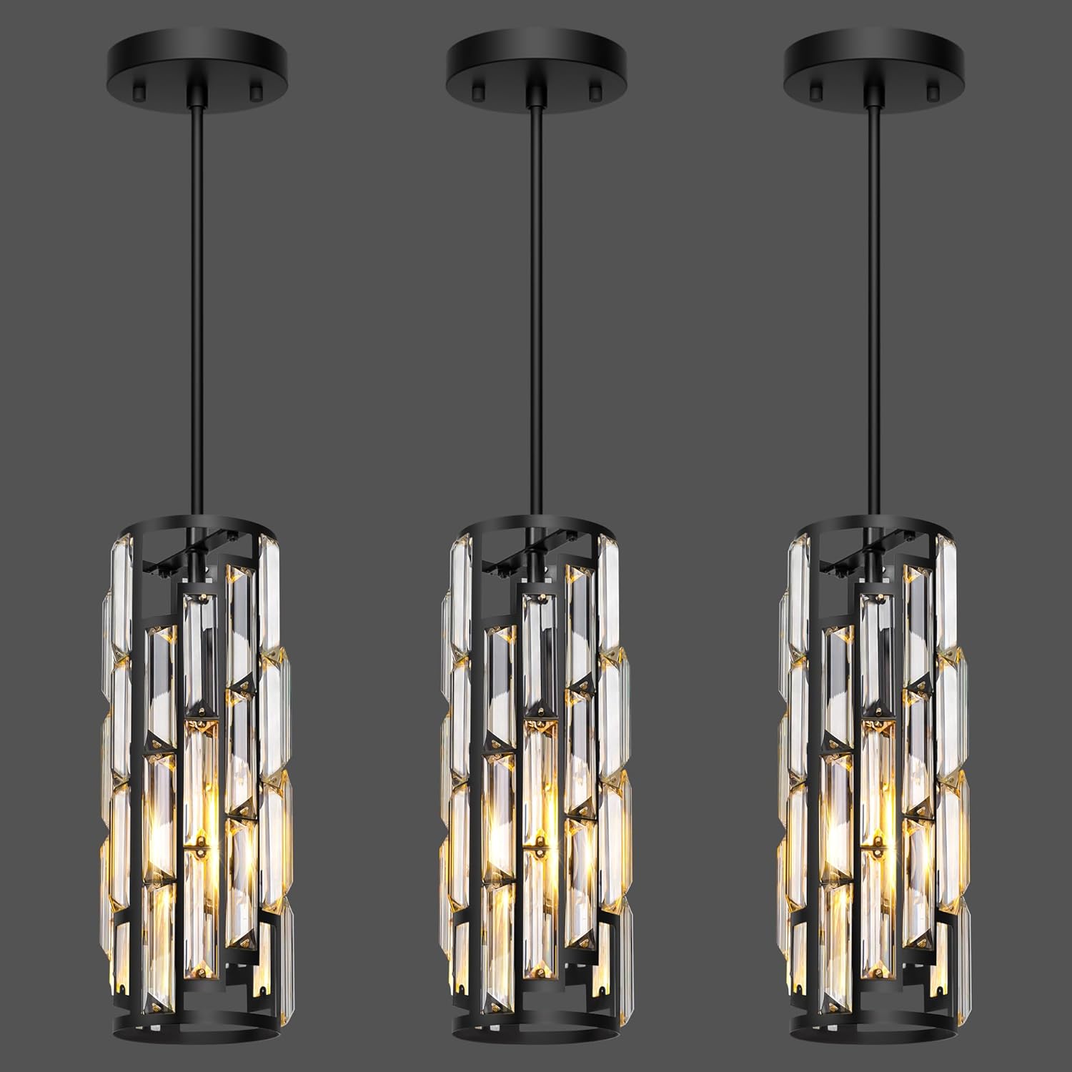Black Pendant Lights Kitchen Island 3 Pack, Mini Crystal Chandeliers, Modern Pendant Lights Ceiling Lighting Fixtures for Kitchen Island, Dinning Room, Bedroom
