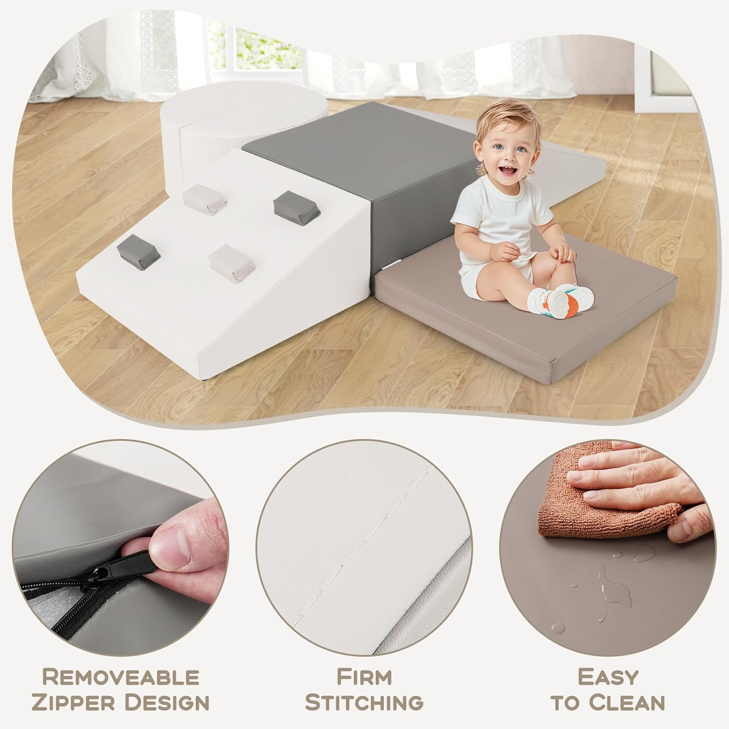 Olakids Climbing Toys for Toddlers, 6 Pieces Baby Foam Blocks Soft Play Set with PU Leather, Indoor Kids Climb and Crawl Sliding Activity Structure Gym Playground Climber (Gray)