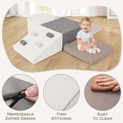 Miniatura 8 de Olakids Juguetes de escalada para niños pequeños, 6 piezas de bloques de espuma para bebés, juego suave con piel sintética, estructura de actividad