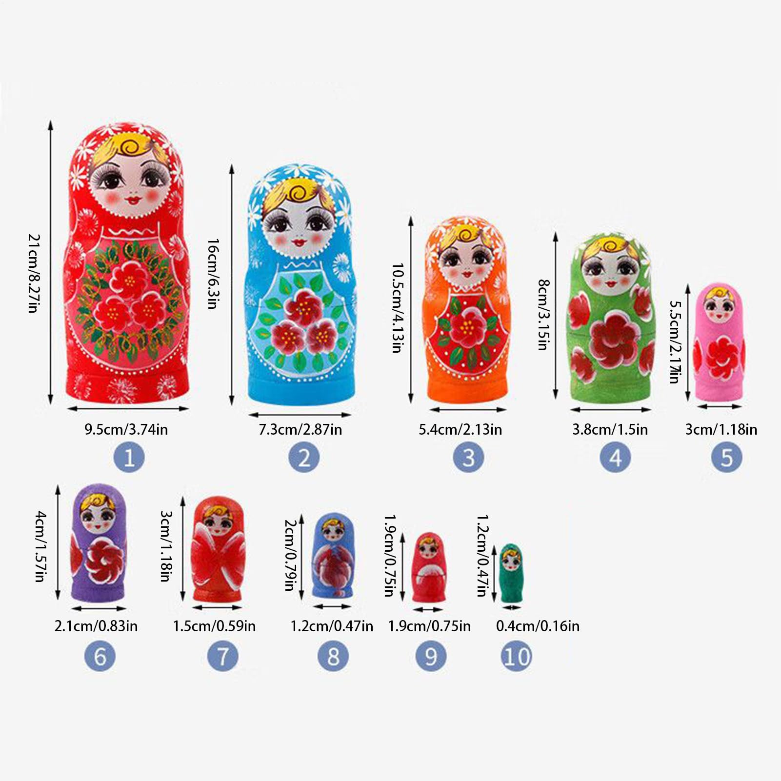 Generisch Matroschkas Puppen Set aus Holz, 10-teilig handbemalt und lackiert, traditionelle russische Schachtelpuppen als Souvenir, Dekoration und Stapelspielzeug für Kinder undSammler