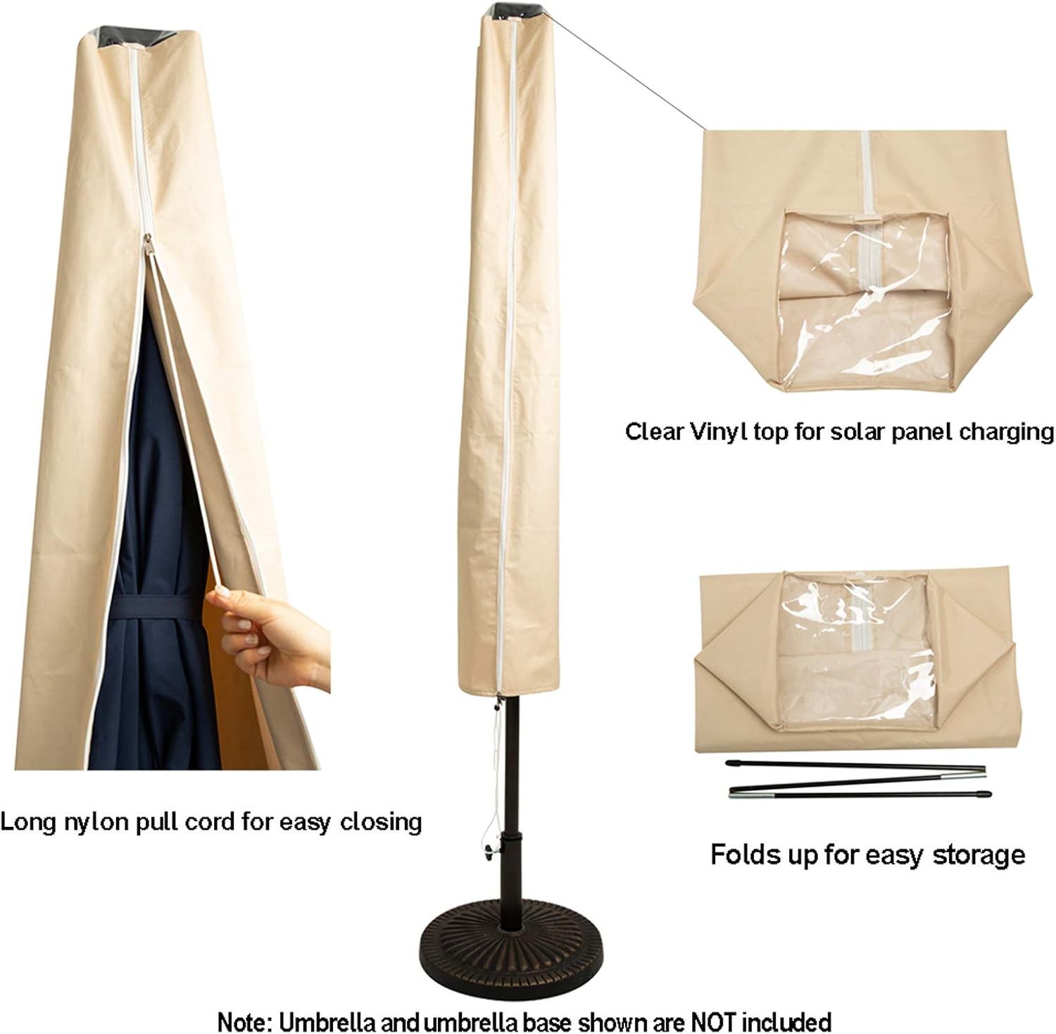 C-Hopetree Patio Umbrella Cover for 7ft to 11ft Solar LED Outdoor Market Umbrellas, Waterproof, with Zipper and Rod, Beige
