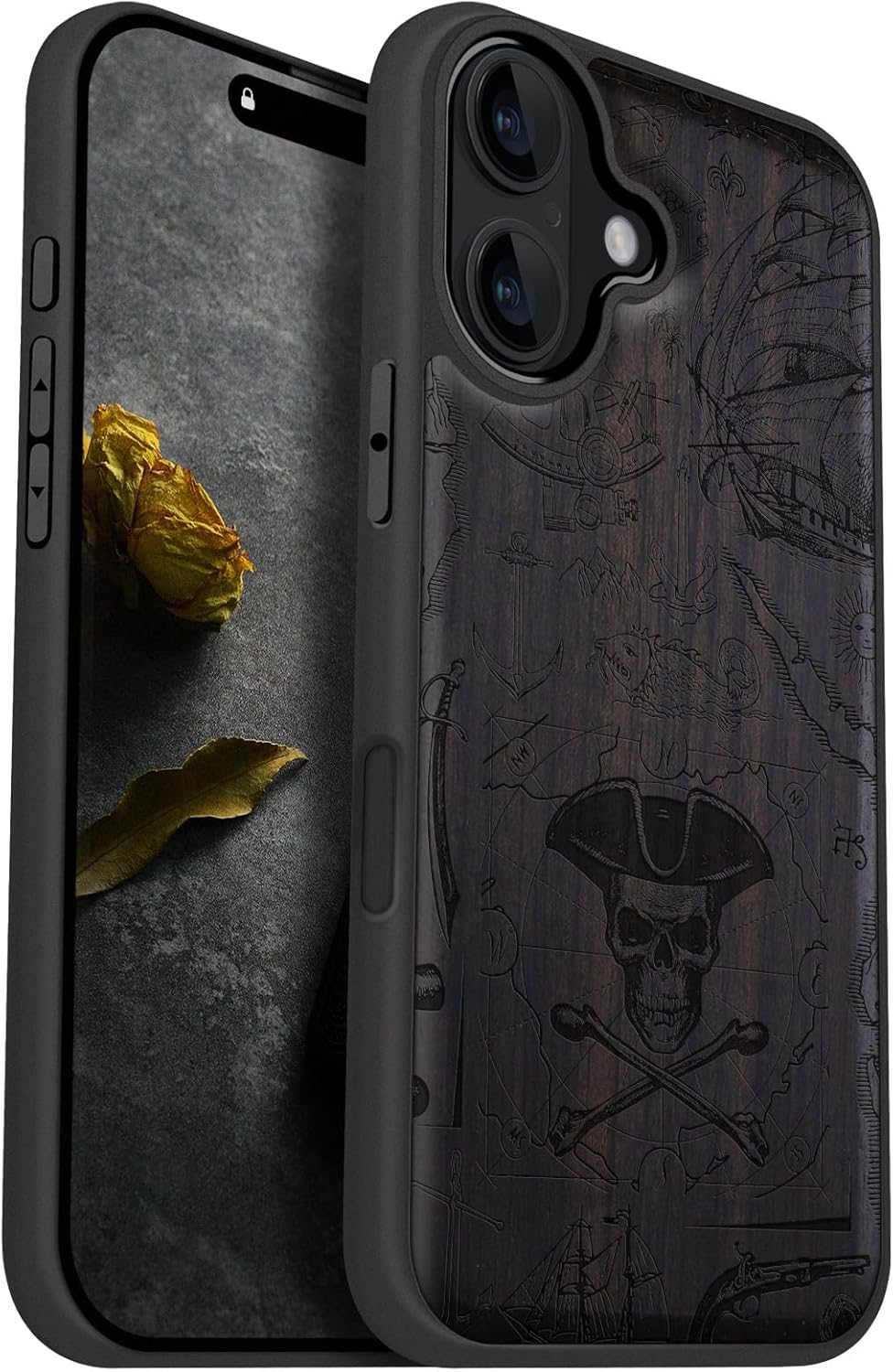 Carveit Magnetic Wooden Case for iPhone 16 Case, Wood Artisan Engraved & Black Soft TPU Shockproof Cover, Compatible with MagSafe Wireless Chargers (Pirate Flag) Blackwood