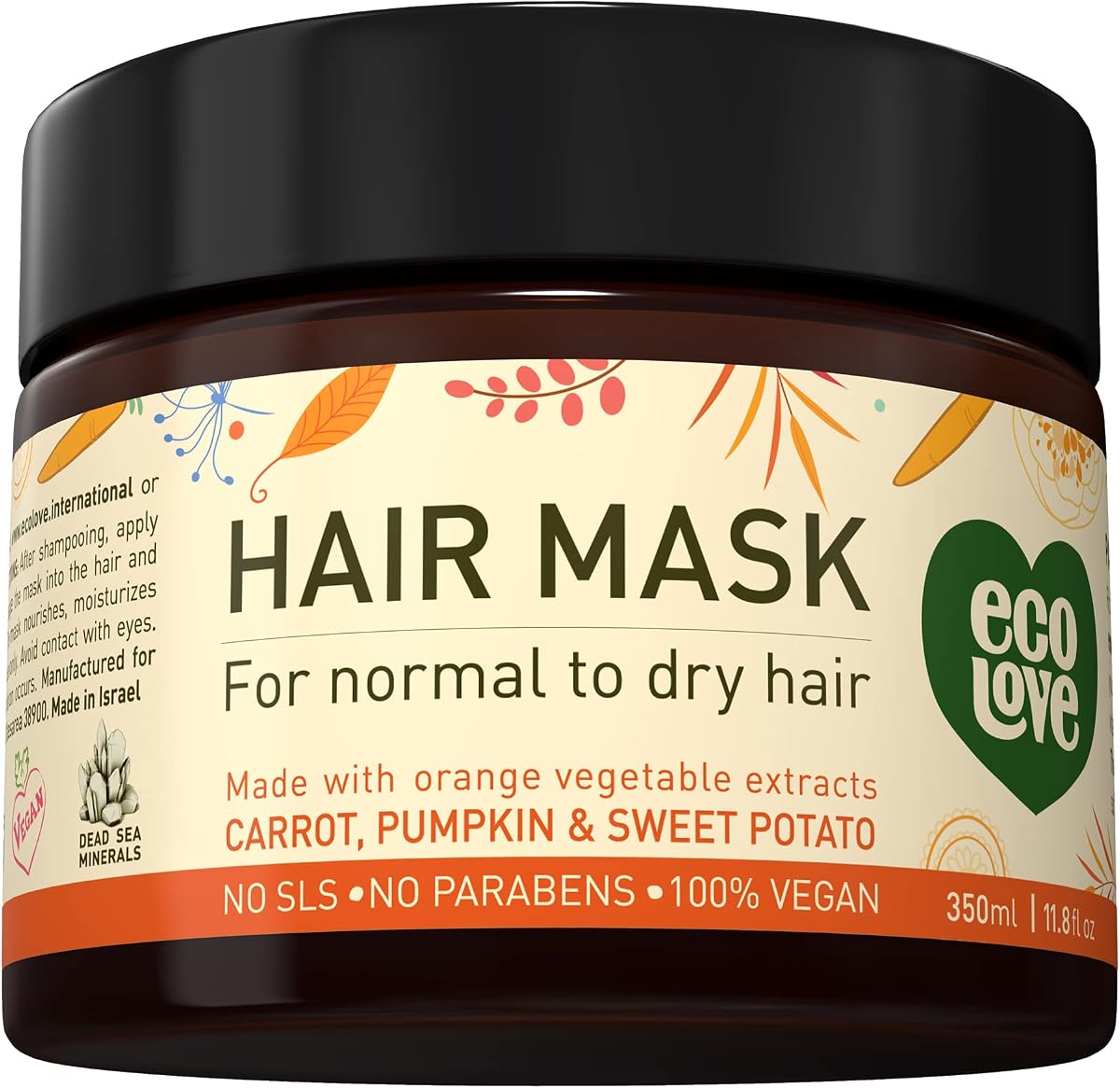 Mascarilla capilar ecoLove para cabello seco, dañado y rizado - Tratamiento acondicionador profundo con extracto de zanahoria y calabaza, sin SLS ni parabenos, vegano y sin crueldad - 11.8 oz | Para cabello seco, dañado y rizado • Sin SLS ni parabenos • Sin crueldad animal • Extracto orgánico de zanahoria y calabaza
