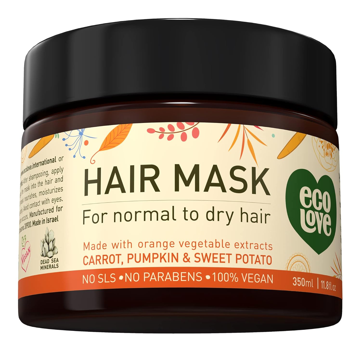 ecoLove Hair Mask for Dry, Damaged, and Curly Hair – Deep Conditioning Treatment with Carrot and Pumpkin Extract, SLS & Paraben-Free, Vegan and Cruelty-Free – 11.8 oz