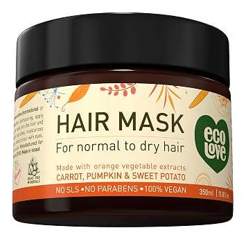 ecoLove Hair Mask for Dry, Damaged, and Curly Hair - Deep Conditioning Treatment with Carrot and Pumpkin Extract, SLS & Paraben-Free, Vegan and Cruelty-Free - 11.8 oz